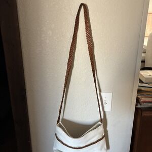 LJS collection purse white leather crossbody Leather Lace Handle Braid Trim